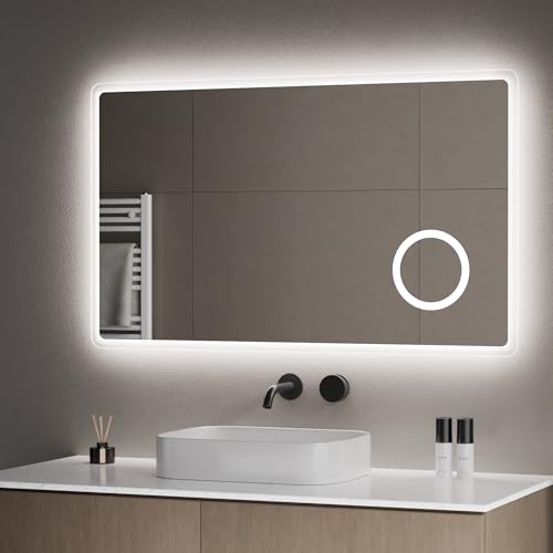 S'AFIELINA Badezimmerspiegel mit Beleuchtung 100×60 cm LED Badspiegel 3X Vergrößerung Wandspiegel mit Druckknopfschalter 2 Lichtfarbe Kaltweiß und Warmweiß, Beschlagfrei, Speicherfunktion von S'AFIELINA