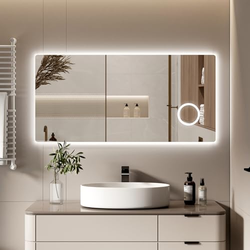 S'AFIELINA Badezimmerspiegel mit Beleuchtung 120×60 cm LED Badspiegel 3X Vergrößerung Wandspiegel mit Druckknopfschalter 2 Lichtfarbe Kaltweiß und Warmweiß, Beschlagfrei, Speicherfunktion von S'AFIELINA