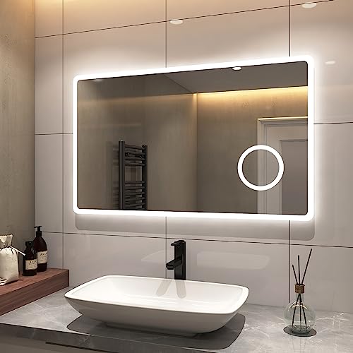 S'AFIELINA Badspiegel 100×60 cm Badezimmerspiegel mit Beleuchtung LED Badspiegel mit Druckknopfschalter 2 Lichtfarbe Kaltweiß und Warmweiß, Beschlagfrei, 3X Vergrößerung, Speicherfunktion von S'AFIELINA
