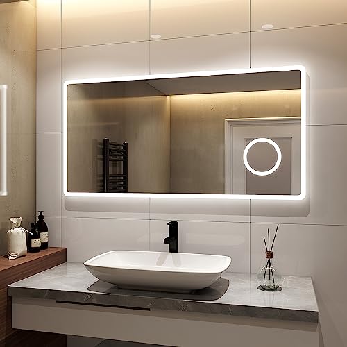 S'AFIELINA Badspiegel 120×60 cm Badezimmerspiegel mit Beleuchtung LED Badspiegel mit Druckknopfschalter 2 Lichtfarbe Kaltweiß und Warmweiß, Beschlagfrei, 3X Vergrößerung, Speicherfunktion von S'AFIELINA