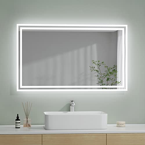 S'AFIELINA Badspiegel 100×60 cm mit Beleuchtung LED Badspiegel mit Druckknopfschalter + Beschlagfrei + Kaltweiß und Warmweiß Licht Badezimmerspiegel Wandspiegel IP44 Energiesparend von S'AFIELINA