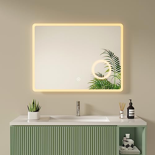 S'AFIELINA Badspiegel LED 80x60cm Badezimmerspiegel mit Beleuchtung Badspiegel mit Touch Schalter, 3 Lichtfarbe Dimmbar, Beschlagfrei, 3X Vergrößerung Lupe, IP44 Energiesparend von S'AFIELINA