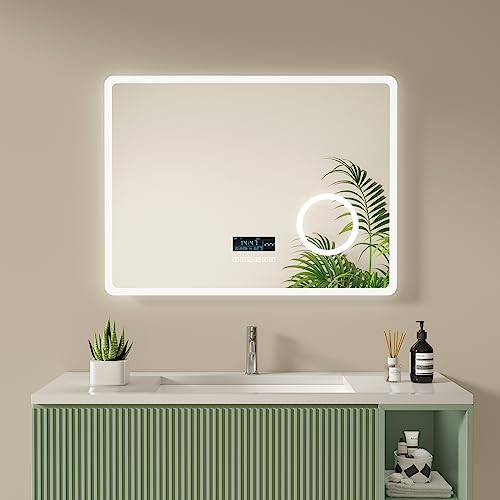S'AFIELINA Badspiegel LED 80x60cm Badezimmerspiegel mit Beleuchtung Badspiegel mit Touch Schalter, Beschlagfrei, Uhr, Bluetooth, 3X Vergrößerung Lupe, Kaltweiß IP44 Energiesparend von S'AFIELINA