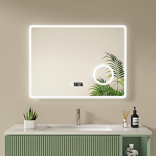 S'AFIELINA Badspiegel LED 90x70cm Badezimmerspiegel mit Beleuchtung Badspiegel mit Touch Schalter, Beschlagfrei, Uhr, 3X Vergrößerung Lupe, Kaltweiß 6500K IP44 Energiesparend von S'AFIELINA