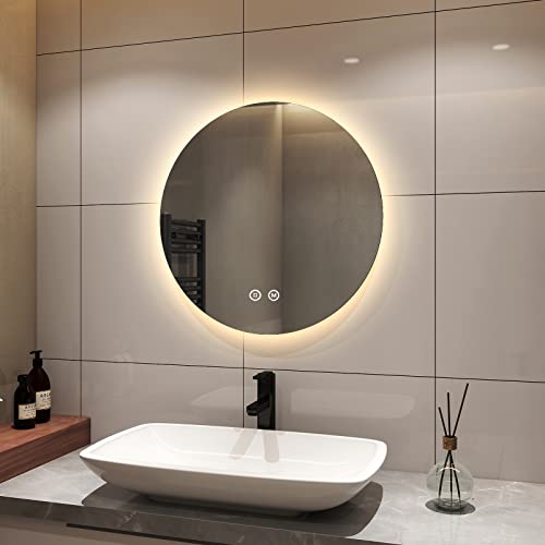 S'AFIELINA Badspiegel Rund 60cm Badezimmerspiegel mit Beleuchtung Dimmbar LED Badspiegel Rund mit Touch Schalter 3 Lichtfarbe Warmweiß Neutral Kaltweiß Lichtspiegel von S'AFIELINA