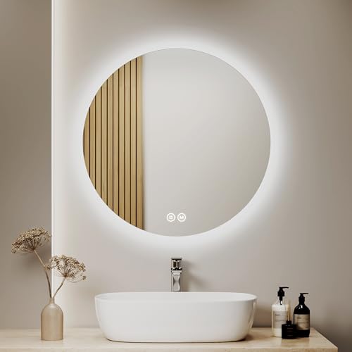 S'AFIELINA Badspiegel Rund 70cm Badezimmerspiegel mit Beleuchtung Dimmbar LED Badspiegel Rund mit Touch Schalter 3 Lichtfarbe Warmweiß Neutral Kaltweiß Lichtspiegel von S'AFIELINA