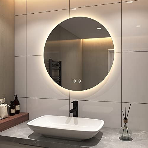 S'AFIELINA Badspiegel Rund 70cm Badezimmerspiegel mit Beleuchtung Dimmbar LED Badspiegel Rund mit Touch Schalter 3 Lichtfarbe Warmweiß Neutral Kaltweiß Lichtspiegel von S'AFIELINA