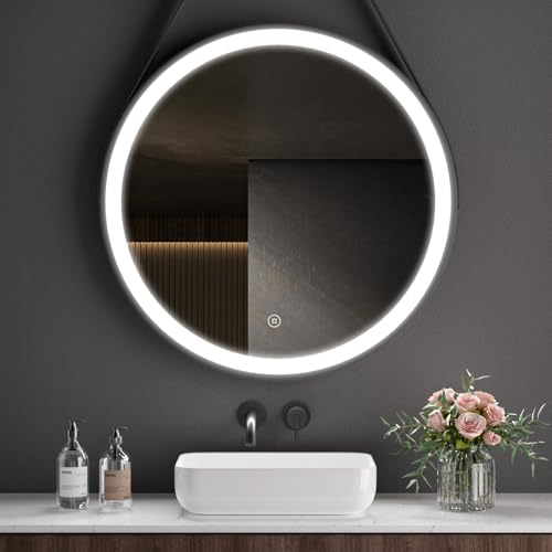 S'AFIELINA Badspiegel mit Beleuchtung rund 70x70 cm, Spiegel mit Beleuchtung mit Touchschalter, Kaltweiß Lichtspiegel, Dimmbar, Badezimmerspiegel rund Eisen-Schwarzer Rahmen, Verstellbarem Riemen von S'AFIELINA