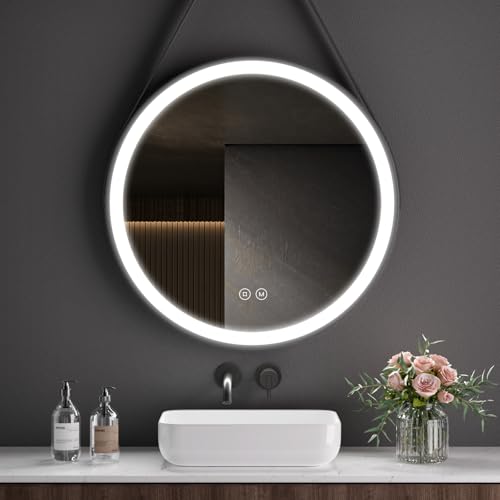 S'AFIELINA Badspiegel mit Beleuchtung rund 60x60 cm, Spiegel mit Beleuchtung mit Touchschalter, Dimmbar 3 Lichtfarbe Einstellbare, Badezimmerspiegel rund Schwarzer Rahmen, Verstellbarem Riemen von S'AFIELINA