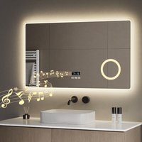 Led Badspiegel mit Beleuchtung 100x60cm, Touch, dimmbar, 3 Lichtfarben, Bluetooth, Uhr, beschlagfrei, 3X Kosmetikspiegel, Wandmontage - S'afielina von S'AFIELINA