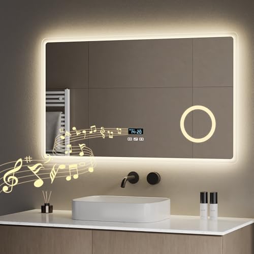 S'AFIELINA Badspiegel mit Beleuchtung 100x60cm Spiegel mit beleuchtung mit Touch, Beschlagfrei, Uhr, Bluetooth, 3000K/4000K/6500K, Dimmbar, 3X Kosmetikspiegel, Energiesparend IP44 Einfach Installation von S'AFIELINA