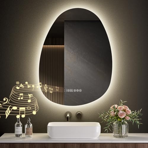 S'AFIELINA Badspiegel mit Beleuchtung Asymmetrisch 60x45cm Badezimmerspiegel mit Beleuchtung Asymmetrisch mit Touch, Antibeschlag, Uhr, Bluetooth, 3 Lichtfarben, Dimmfunktion, Temperaturanzeige, IP44 von S'AFIELINA