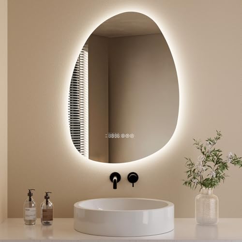 S'AFIELINA Badspiegel mit Beleuchtung Asymmetrisch 75 × 55 × 3,0 cm (H × B × T) Spiegel mit Beleuchtung mit Touch, 3 Lichtfarben dimmbar, beschlagfrei, Bluetooth, Speicherfunktion, Badezimmer Spiegel von S'AFIELINA