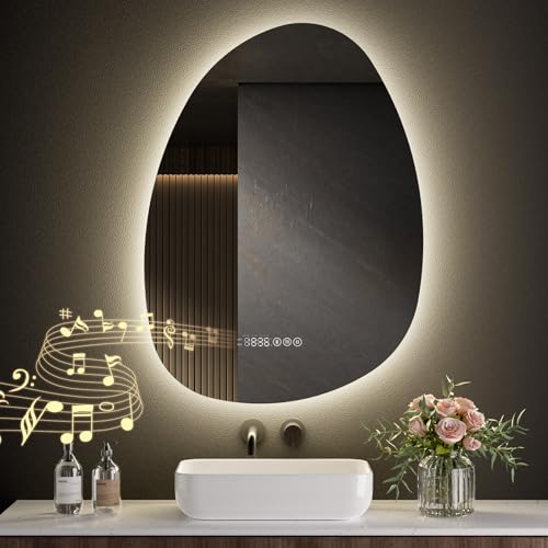 S'AFIELINA Badspiegel mit Beleuchtung 75 × 55 × 3,0 cm (H×B×T) Asymmetrisch Badezimmerspiegel mit Beleuchtung Asymmetrisch mit Touch, Antibeschlag, Uhr, Bluetooth, 3 Lichtfarben, Dimmfunktion, IP44 von S'AFIELINA