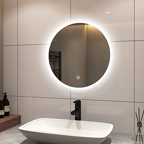 S'AFIELINA Badspiegel mit Beleuchtung Rund 50cm Durchmesser LED Badspiegel mit Touchschalter Dimmbar Badezimmerspiegel Rund Kaltweiß 6500K IP44 Energiesparend von S'AFIELINA
