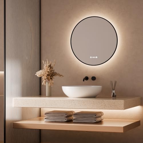 S'AFIELINA Badspiegel mit Beleuchtung Rund 60cm, Dimmbar Bad Spiegel mit Licht und Beschlagfrei-Funktion, Neutralweißes, Runder Spiegel mit Beleuchtung und Digitaluhr,Schwarz von S'AFIELINA