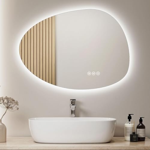 S'AFIELINA Badspiegel mit Beleuchtung Rund Asymmetrischer Spiegel mit Touch-Schalter, Dimmbar, 3 Lichtfarbe Einstellbare, Beschlagfrei, Speicherfunktion Spiegel mit Beleuchtung 75 x 55 cm von S'AFIELINA