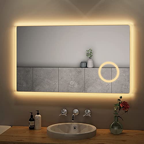S'AFIELINA LED Badspiegel 100x60cm Badezimmerspiegel mit Beleuchtung Wandspiegel mit TouchSchalter + 3 Lichtfarbe 3000-6400K 3-Fach Vergrößerung IP44 Energiesparend von S'AFIELINA