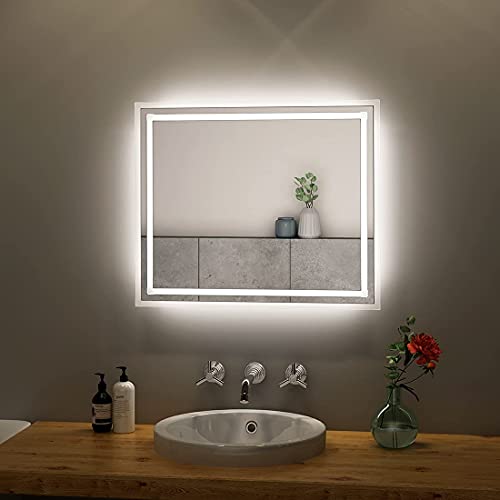 S'AFIELINA LED Badspiegel 50x60cm Spiegel mit Beleuchtung Wandspiegel mit Druckknopfschalter + Beschlagfrei Kaltweiß Lichtspiegel und Warmweißes Licht Badezimmerspiegel IP44 Energiesparend von S'AFIELINA