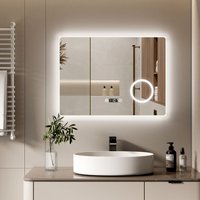 Led Badspiegel Badezimmerspiegel mit Beleuchtung Wandspiegel mit Touch-Schalter+Beschlagfrei+Uhr Kaltweiß Energiesparend Lichtspiegel 6500K 80 x 60 von S'AFIELINA