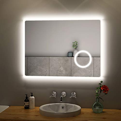 S'AFIELINA LED Badspiegel 80x60cm Badezimmerspiegel mit Beleuchtung Wandspiegel mit TouchSchalter + Beschlagfrei + 3 Lichtfarbe 3000-6400K 3-Fach Vergrößerung IP44 Energiesparend von S'AFIELINA