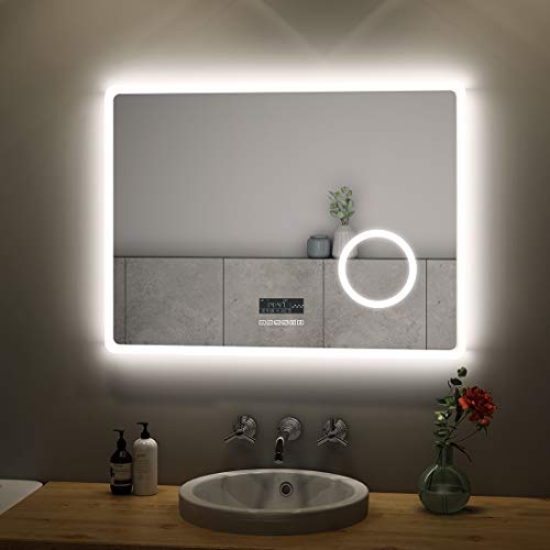 S'AFIELINA LED Badspiegel 80x60cm Badezimmerspiegel mit Beleuchtung Wandspiegel mit TouchSchalter + Beschlagfrei + Uhr + Bluetooth 6500K kaltweiß LichtspiegelIP44 Energiesparend von S'AFIELINA