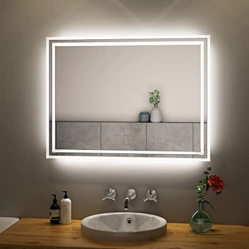 S'AFIELINA LED Badspiegel 80x60cm Badezimmerspiegel mit Beleuchtung Wandspiegel mit Druckknopfschalter + Beschlagfrei Kaltweiß Lichtspiegel und Warmweiß Licht IP44 Energiesparend von S'AFIELINA