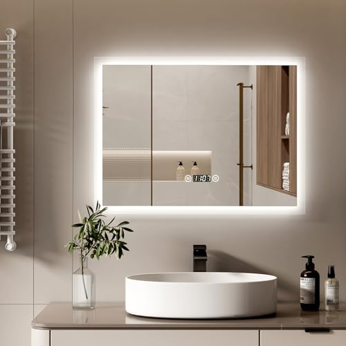 S'AFIELINA LED Badspiegel 90x70cm mit Beleuchtung Badezimmer Spiegel mit Touchschalter Wandspiegel Kaltweiß 6500K Beschlagfrei Uhr IP44 Energieeinsparung von S'AFIELINA