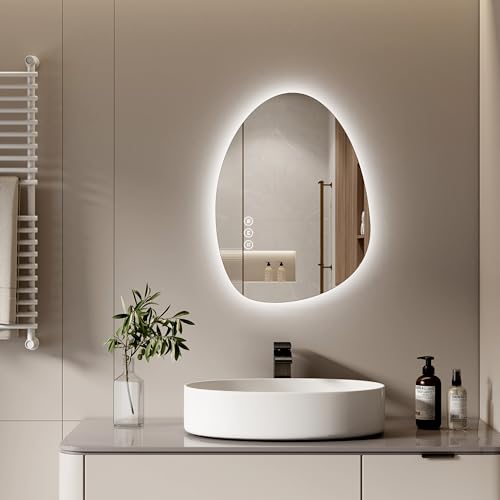 S'AFIELINA Spiegel mit Beleuchtung Asymmetrischer LED Badspiegel 60 x 45 cm mit Touch-Schalter, Dimmbar 3 Lichtfarbe Einstellbare, Beschlagfrei Badezimmerspiegel mit Beleuchtung von S'AFIELINA