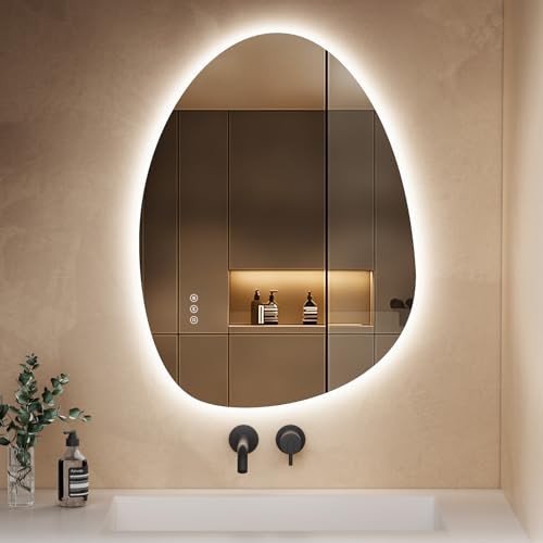 S'AFIELINA Spiegel mit Beleuchtung Asymmetrischer LED Badspiegel 75 x 55 cm mit Touch-Schalter, Dimmbar 3 Lichtfarbe Einstellbare, Beschlagfrei Badezimmerspiegel mit Beleuchtung von S'AFIELINA