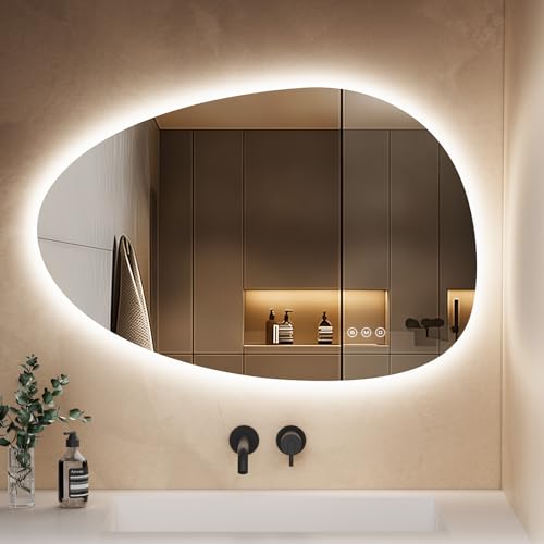 S'AFIELINA Spiegel mit Beleuchtung Asymmetrischer LED Badspiegel 85 x 50 cm mit Touch-Schalter, Dimmbar 3 Lichtfarbe Einstellbare, Beschlagfrei Badezimmerspiegel mit Beleuchtung von S'AFIELINA