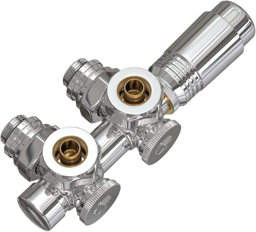 S'AFIELINA Ventil-Armaturen Set Multiblock Ventilhahnblock mit Thermostat für Heizkörper Handtuchheizkörper Anschlussarmatur Universal 50mm für Eck- und Durchgangsform, Chrom (15mm+16mm, 1Stück) von S'AFIELINA