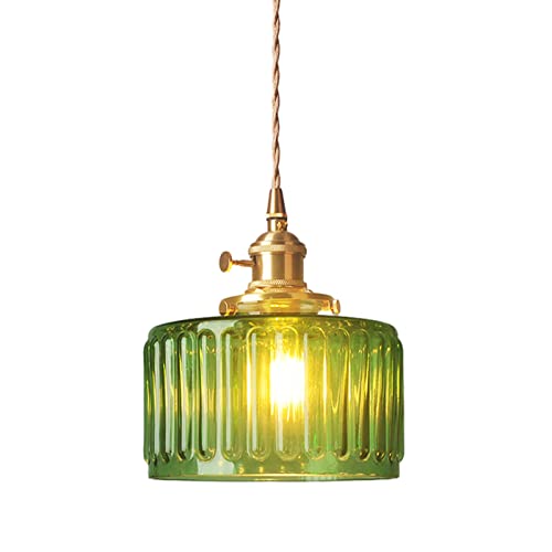 Mini Pendelleuchte mit Geripptem Rundem Glas-Lampenschirm, Industrielle Retro-Loft-Bar E27 Hängelampe Deckenleuchte für Schlafzimmer Esszimmer Kücheninsel (Grün) von S-Cevada