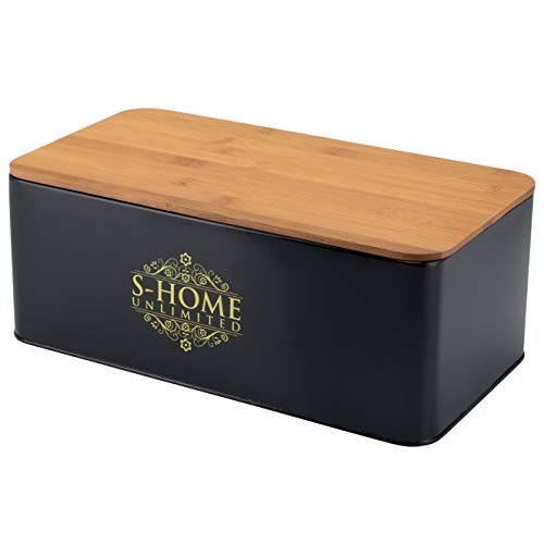 S-Home Unlimited 2in1 Brotkasten mit Schneidebrett Bambus Deckel Lüftungslöcher für lang anhaltende Frische - Brotbox zur Brotaufbewahrung 33 x 18 x 12 cm schwarz von S-Home Unlimited