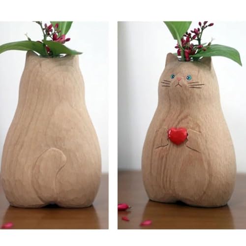 Handgefertigte Katzenvase aus Holz | Katzenvase aus Holz | handgemachte Schnitzerei | Geschenk für sie | Katzenfigur | Schreibtischdekoration | Katzenliebhaber Geschenk, Katzenförmige Vase von S-JIANG