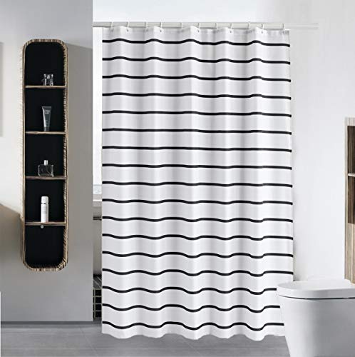 Einfacher Duschvorhang, wasserabweisend, waschbar, Stoff (Hotelqualität, freundlich, schwerer Saum) mit weißen Kunststoffhaken, 183 x 198 cm, schwarz und weiß gestreift von S·Lattye