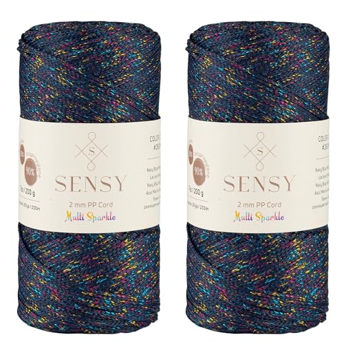 Sensy Premium 2 mm 230 Meter Multi-Glitzer Polyester-Seil, 90% Polypropylen, 10% Polyesterschnur, Makramee-Kordel Häkeltasche Kordel Makramee Seil Häkelgarn Geschenk für Strickwaren (Navy Blau) von S SENSY