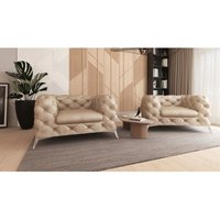 Kare - Chesterfield Sessel mit Silber Metall Füßen aus Beige Samtstoff Kare - Chesterfield Sessel mit Silber Metall Füßen aus Beige Samtstoff von S-STYLE MÖBEL