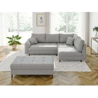 Odin - Ecksofa mit Schlaffunktion und Hocker mit Braun Holzfüßen im skandinavischen Stil aus Hellgrau Cord-Stoff von S-STYLE MÖBEL