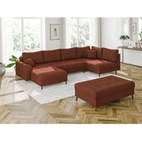 S-style Möbel - Odin - Wohnlandschaft mit Schlaffunktion und Hocker mit Braun Holzfüßen im skandinavischen Stil aus Terrakotta Cord-Stoff von S-STYLE MÖBEL