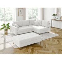 Viggo - Ecksofa mit Schlaffunktion und Hocker mit Braun Holzfüßen im skandinavischen Stil aus Weiß Boucle-Stoff Viggo - Ecksofa mit Schlaffunktion und Hocker mit Braun Holzfüßen im skandinavischen Stil aus Weiß Boucle-Stoff von S-STYLE MÖBEL