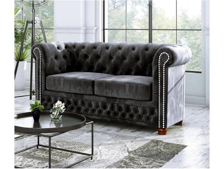 S-Style Möbel Alnem - Chesterfield Sofa 2-Sitzer aus Samt-Stoff mit Holzfüßen - Schwarz von S-Style Möbel