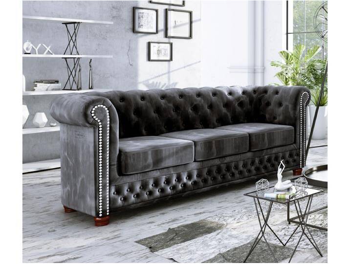 S-Style Möbel Alnem - Chesterfield Sofa 3-Sitzer aus Samt-Stoff mit Holzfüßen - Schwarz S-Style Möbel Alnem - Chesterfield Sofa 3-Sitzer aus Samt-Stoff mit Holzfüßen - Schwarz von S-Style Möbel