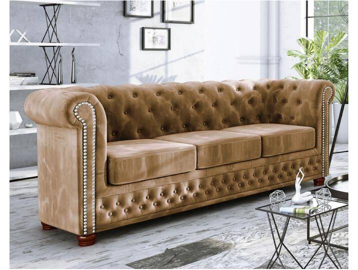 S-Style Möbel Alnem - Chesterfield Sofa 3-Sitzer aus Samt-Stoff mit Holzfüßen - Beige von S-Style Möbel