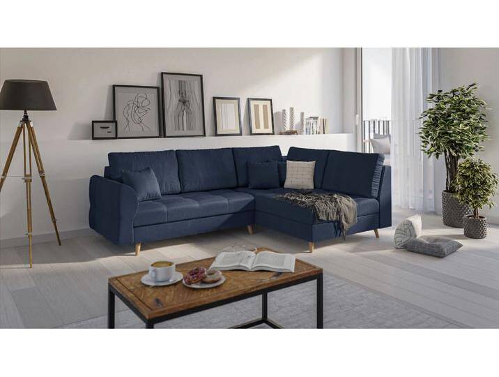 S-Style Möbel Charlotte - Ecksofa mit Holzfüßen im skandinavischen Stil - Dunkelblau von S-Style Möbel