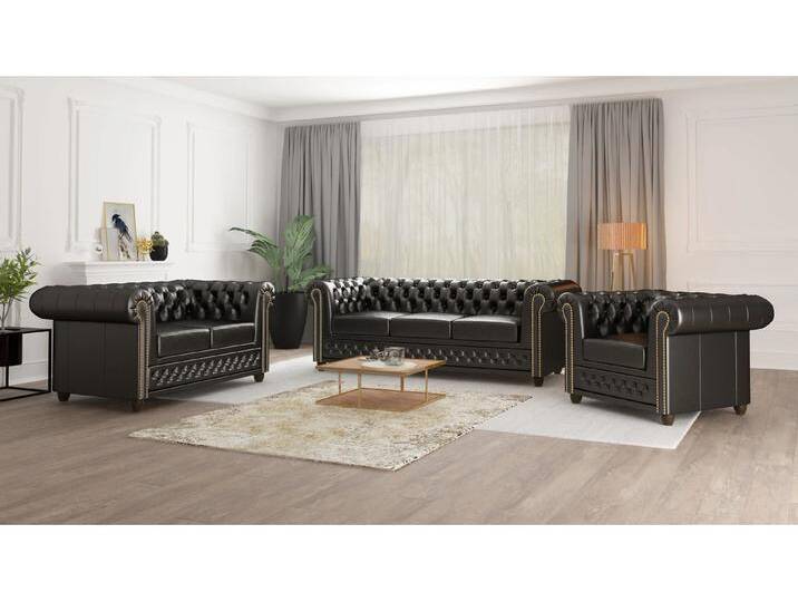 S-Style Möbel Chloe - Polstergarnitur 3+2+1 mit Schlaffunktion Chesterfield aus veganem Leder mit Holzfüßen - Schwarz von S-Style Möbel