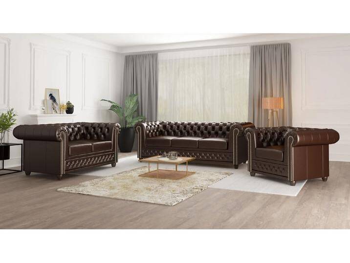 S-Style Möbel Chloe - Polstergarnitur 3+2+1 mit Schlaffunktion Chesterfield aus veganem Leder mit Holzfüßen - Braun von S-Style Möbel