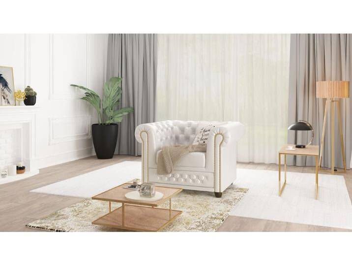S-Style Möbel Chloe - Sessel Chesterfield aus veganem Leder mit Holzfüßen - Weiß von S-Style Möbel