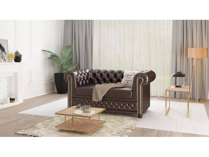 Chloe - Sofa 2 sitzer mit Schlaffunktion Chesterfield aus veganem Leder mit Holzfüßen von S-Style Möbel