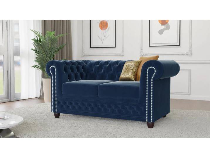 Cleo - Chesterfield 2 sitzer Sofa mit Schlaffunktion aus Samt-Stoff mit Holzfüßen von S-Style Möbel